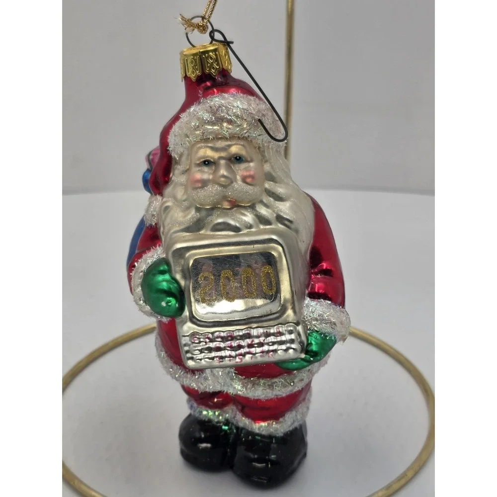 Slavic Treasures 2000 Santa Computer Glass Christmas Ornament Y2K Glitter Retro